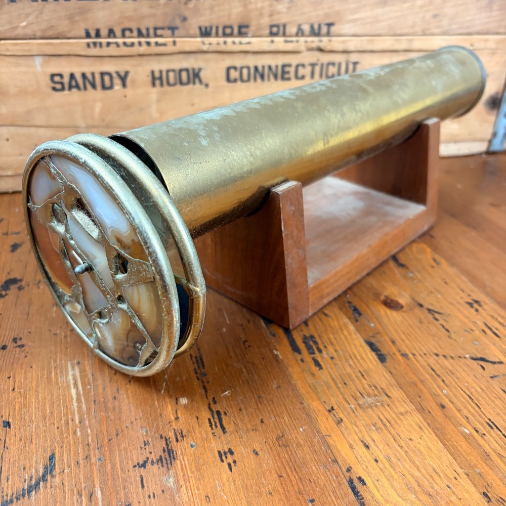 Vintage Mercedes Signed 13" Brass Kaleidoscope with Agate Stone Wheel & Stand